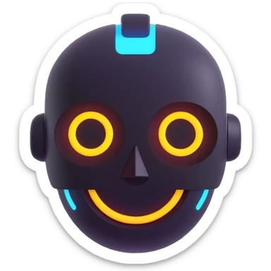 futuristic and trendy AI chatbot emoji, minimalistic robot head, neon accents, smiling expression sticker