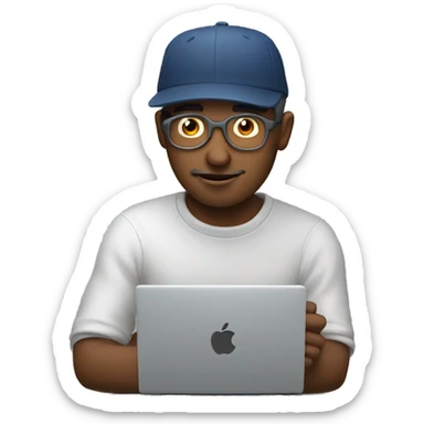 A man with a cap studies on an Apple computer sticker