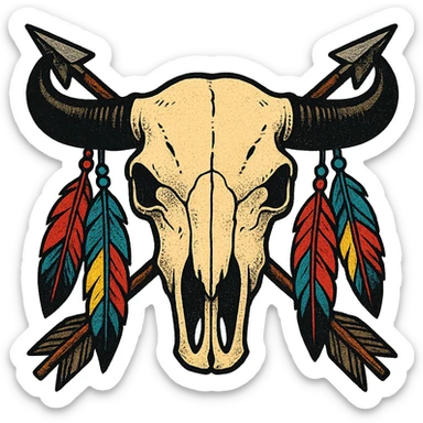 A native American buffalo skull with colourful feathers hanging from both horns and two crossed arrows in the background. Make the skull symmetrical facing the front sticker
