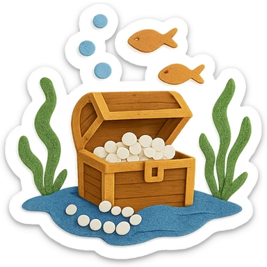 treasure chest underwater with pearls, seaweed, and fish, layered paper effect, paper-craft style sticker
