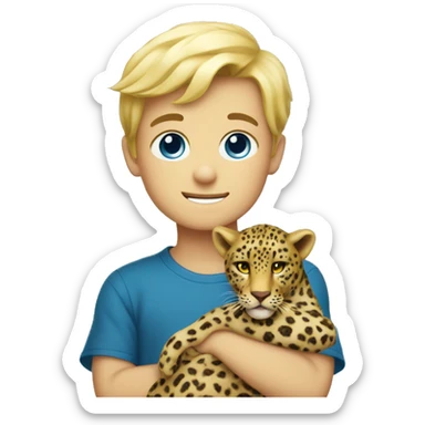 blue eye blonde boy holding stuffed leopard with  sticker
