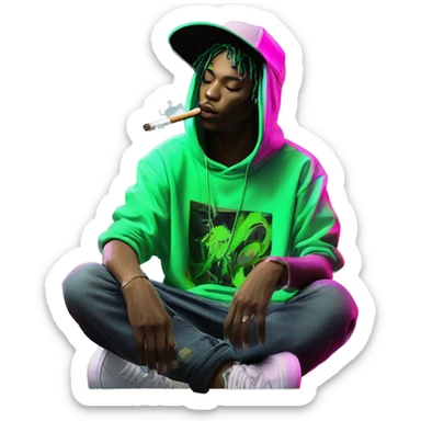 Multicoloured neon black and green graffiti person smoking wearing hoodie dancing hip hop bucket hat tropical Skater fashion aesthetic baggy clothes graphic t shirt 420 sticker
