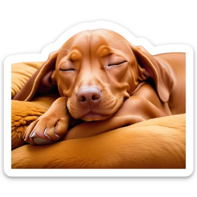 Meme-Worthy Cute Sleeping Vizsla Portrait Emoji, Head resting peacefully with a contented smile, showcasing a sleek, athletic build and a luxuriously soft rust and gold Fur, eyes shut in a serene nap, Simplified yet hilariously adorable features, highly detailed, glowing with a soft, drowsy light, high shine, relaxed and utterly lovable, stylized with an air of playful laziness, bright and heartwarming, soft glowing outline, capturing the essence of a comically sleepy companion, so meme-worthy it feels like it could instantly become the next viral sensation of adorable slumber! sticker