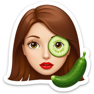 brownhaired woman with red lips and cucumber on eyes sticker