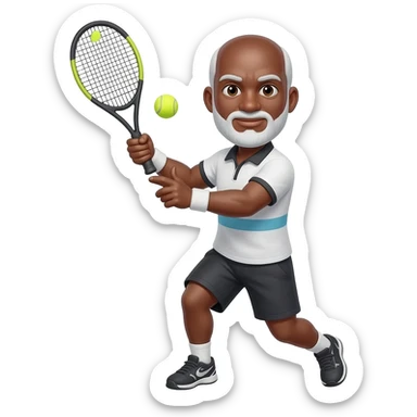 Right handed adult black male Tennis player bald male white short beard and mustache one demonstrating handed backhand sticker