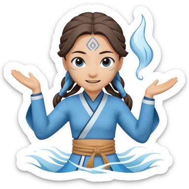 Katara from Avatar: The Last Airbender as an emoji, cheerful, blue and white Water Tribe attire, waterbending gesture sticker