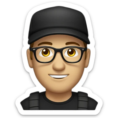 Caucasian man, with a black cap, glasses, and black t-shirt with a drum sticker