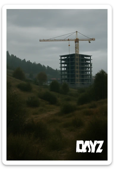  a scene amongst hills and bushes in the game DAYZ with a construction site and tall yellow crane in the background, screenshot, overcast day sticker