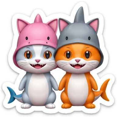 2 happy cats wearing shark hats sticker