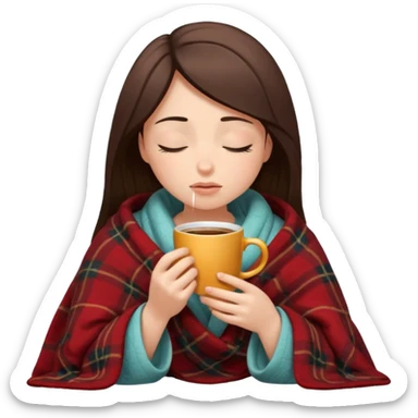 girl inside a blanket sipping coffee eyes closed, visibly distressed sticker