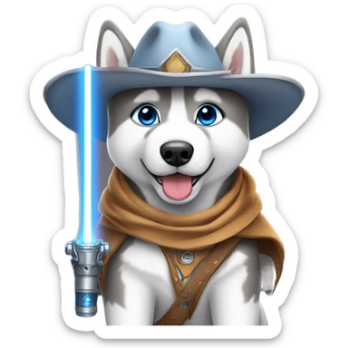 Gray Siberian Husky with blue eyes puppy wearing a cowboy hat dressed in Jedi clothing Holding a Lightsaber On leash  sticker