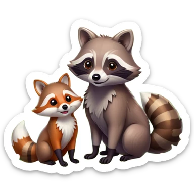 raccoon and a fox among a colorful forest with vibrant green trees, bushes and flowers. The animals are in the foreground, surrounded by a lush, bright forest, with soft sunlight filtering through the leaves. A playful photo-realistic and wild scene with a transparent background. sticker