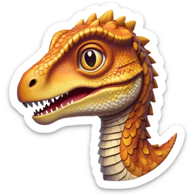 Cinematic Realistic Cute velociraptor/T-rex Portrait Emoji, Head tilted playfully and inquisitively, featuring a compact, slightly rounded build with intricately detailed, textured scales in natural hues and a surprisingly endearing face with bright, curious eyes, rendered with lifelike clarity and warm natural light, high shine, affectionate and quirky, styled with a touch of prehistoric whimsy, soft glowing outline, capturing the essence of a mischievous yet lovable velociraptor/T-rex that seems poised to stomp playfully into your arms! sticker