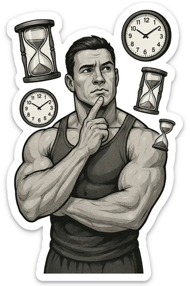 bodybuilder pensieroso che si tiene l'indice sul mento, alle sue spalle fluttuano clessidre e orologi da muro sticker