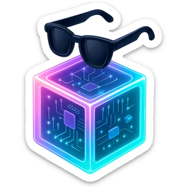 a neon box opened with a pair of black sunglasses flying above the box, vibrant, glowing, modern style sticker