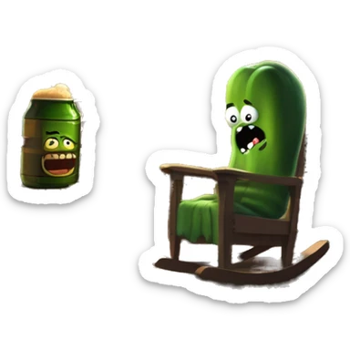 Pickle Rick pounding down a beer on his porch siting in a rocking chair at sunset while his wife is yelling at him through the door that is creeped open of his wooden cabin sticker