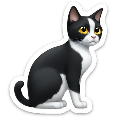 a tuxedo cat with black ears and white face, yellow eyes, clipped ear sticker