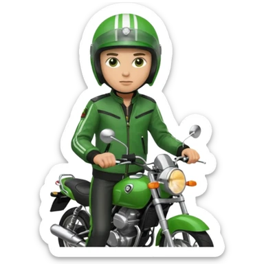 ojek online driver, using motorbike, the helmet is green. green jacket, not green motorbike (maybe a black jacket with green stripes just a little) then please make the driver not looking at "camera",  sticker
