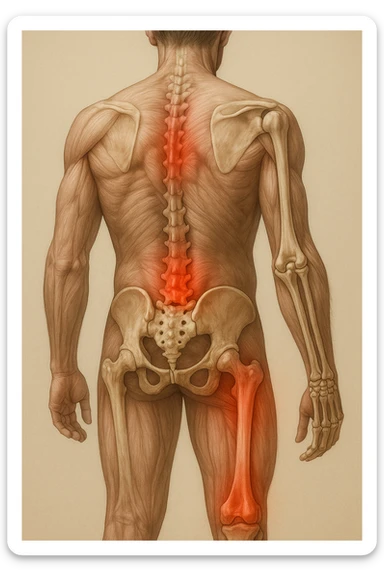 corpo umano anatomico con mal di schiena e al ginocchio, iperrealistico 4k sticker