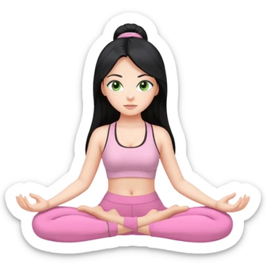 Girl with super long black hair with green eyes doing yoga with light pink clothes sticker