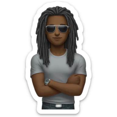 young black male with black long length dreadlocks and brown eyes, wearing grey T-shirt, having pilot sunglasses, while having crossed arms and having silver rolex on whrist sticker