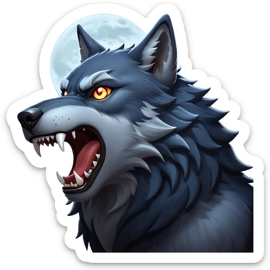 cinematic-noble-fierce-werewolf-howling-portrait-emoji, poised-and-imposing, with a fierce wolfish face tilted upwards in a haunting howl, glowing eyes full of primal ferocity, sharp, and a rugged snout, fur rippling in shades of midnight black and silver, muscles tensed as the powerful howl echoes beneath the moonlit sky; rendered with realism, capturing the raw, untamed power of the beast in its wild, primal state sticker
