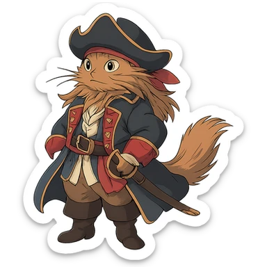 ghibli style cat dressed as pirate captain with flowing fur and detailed costume sticker