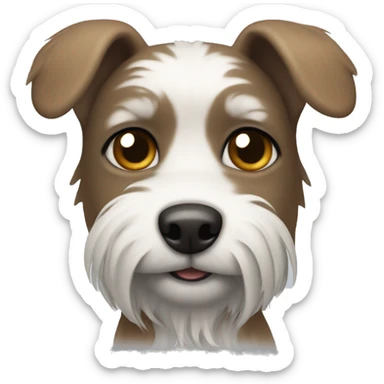 Small wire hair dog with gray brown face and ears, white mouth, and white body sticker