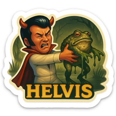 Retro sticker style with no borders on stickers. Helvis character with a short cape and very tiny horns, holding a giant slimy toad away from himself with both hands and straight arms. Head turned away in disgust, cringing expression. Swampy background with a grim vibe maintained. sticker