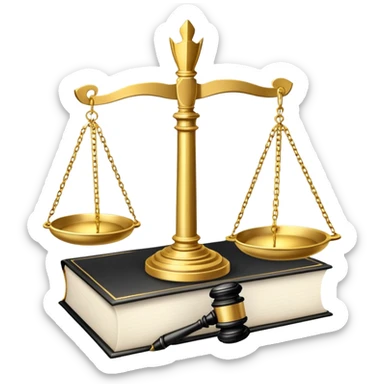 An icon featuring scales of justice, a gavel, and a legal book, symbolizing the study of law. The design includes courthouse pillars in the background, representing authority and legal systems. Transparent background highlights the principles of justice, order, and legal education. sticker