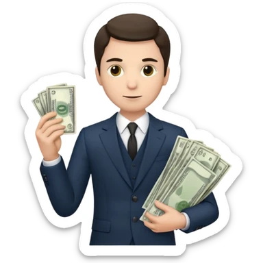 Man in suit with a slightly scammy look who has a lot of money sticker