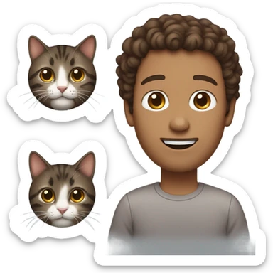 Man with brown curly hair and no facial hair holding dark brown tabby cat sticker