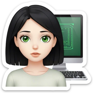 girl with balck hair and brownis-greenis eyes programming sticker