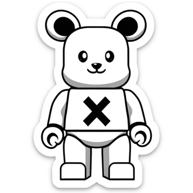 Lego style bearbrick with X crosses as eyes, enlarged ears, oversized boots, long thin limbs, exaggerated comic proportions, blocky Lego joints sticker
