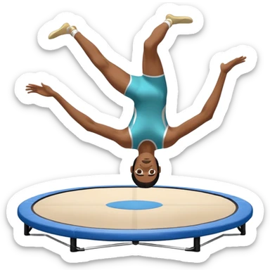An athletic person soaring high above a trampoline, executing an acrobatic flip with perfect form. The scene captures motion and energy, with a dynamic pose, stretched limbs, and a focused expression. The background suggests a professional trampoline arena with safety padding. sticker