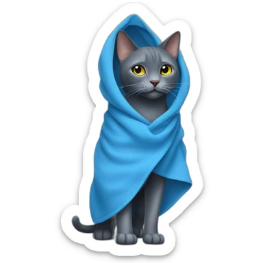 darker russian blue cat walks with blue towel on his mouth sticker