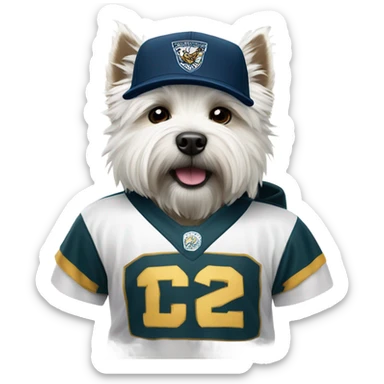 West highland terrier wearing an Eagle’s jersey sticker