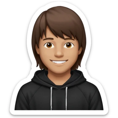 20 yr old man, brown hair, straight, big smile, white teeth, tanned skin, bangs, black hooded sweatshirt, long hair in back, center-parted bangs sticker