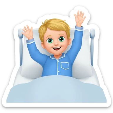 Use the same 3 year old blonde boy with green-blueish eyes, it should be the same boy as before  happy with plain blue pajamas raising both arms up, on the bed sticker