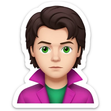Harry Styles with green eyes, dark brown hair, magenta outfit sticker