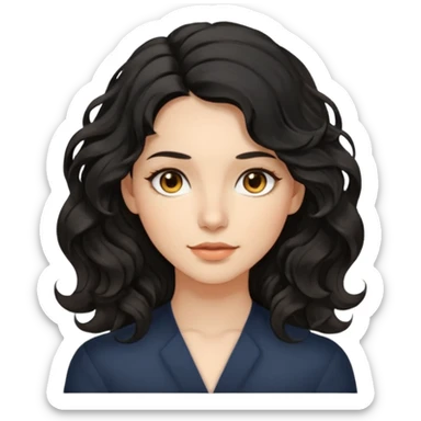 this avatar of 30th year-woman has shoulder-length black wavy hair with loose curls framing the face, and a long, pointed face with golden-brown eyes and a calm, neutral expression. sticker