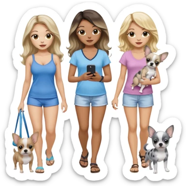 Three pretty women in beach clothes walking 2 dogs, blue and gray spotted Merle Frenchie and walking a black and tan chihuahua puppy, holding iPhone, hazel eyed light skin with dark blonde long hair and light skin hazel eyed long wavy dark hair, blue eyed light skin long blonde hair  sticker