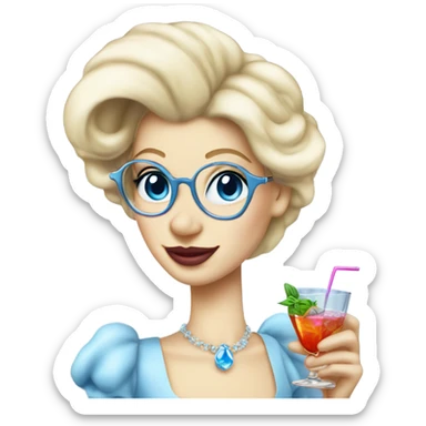 1990's Pale Cinderella with blue eyes wearing glasses drinking a cocktail  sticker