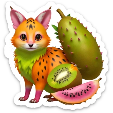 Hyper realistic  tropical-fruit-splash-colored fur of kiwi-green-lime-green-gradients, papaya-orange, and dragonfruit-pink chaos beautiful elegant pretty precious cute  Fakémon-Pokémon-opossum-feline-serval-caracal-chinchilla-Furret-Minccino-hybrid-creature with a big fluffy bushy tail (full body) sticker