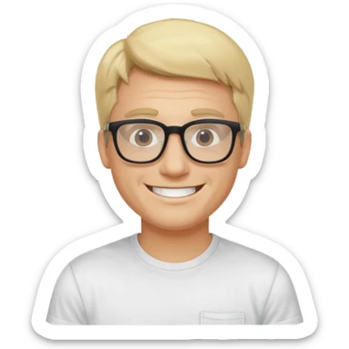 portrait of adult man, wearing a t-shirt, square glasses, grinning face, blond hair sticker