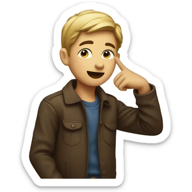 Boy gesturing to listen to him by pointing at his ear sticker