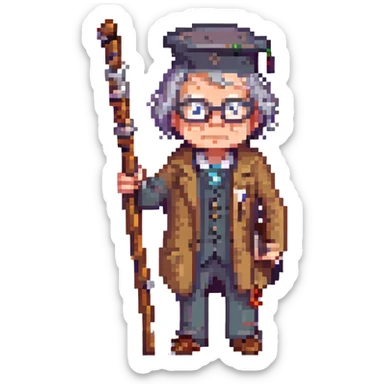 A stern professor holding a stick sticker