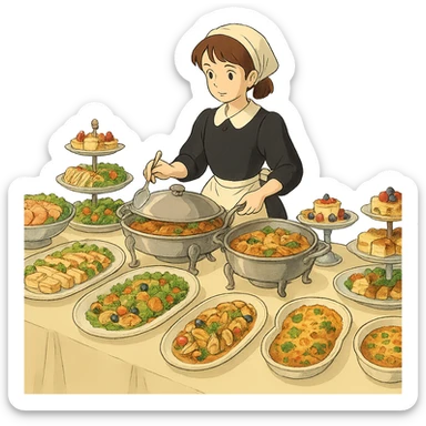 ghibli style buffet service with elegant food presentation sticker