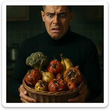 Create a realistic or semi-realistic style image of a 30-year-old man inspired by the reference image, holding a basket of fruits and vegetables. The man has a shocked expression. The produce has worms and larvae visible. The background is a kitchen. Focus on textures and a health risk atmosphere. sticker