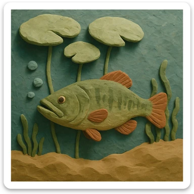 underwater scene with a bass and lily pads, soft lighting, textured look, claymation style sticker
